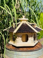 DARLUX Vogelfutterhaus XL Sechseck Vogelhaus aus Holz + Ständer Natur/Schwarz  Garten Vogelfutterhaus Wetterfest