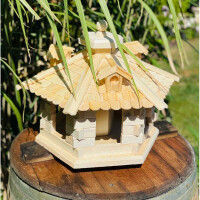 DARLUX Vogel Futter Haus L Futterstelle Sechseck Holz Vogelhaus Natur unbehandelt Vogelfutterhaus Wetterfest