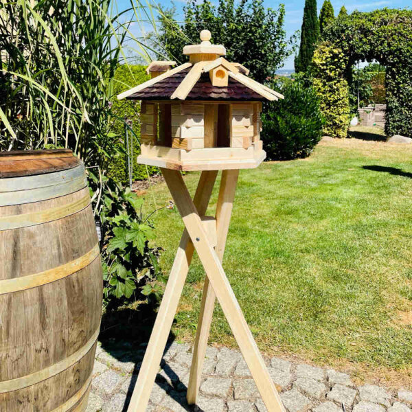 DARLUX Vogel Futter Haus L Futterstelle Sechseck Vogelhaus+Ständer Natur/ Dunkelbraun Vogelfutterhaus Wetterfest