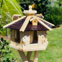 DARLUX Vogel Futter Haus L Futterstelle Sechseck Vogelhaus+Ständer Natur/ Dunkelbraun Vogelfutterhaus Wetterfest