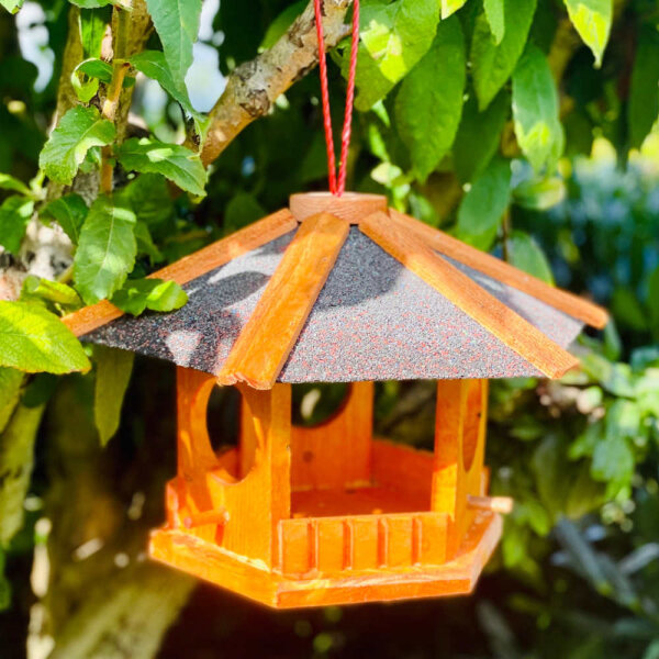 DARLUX Vogel Futter Haus Futterstelle Sechseck Holz-Vogelhaus Hängend Br./Dunkel