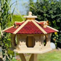 DARLUX Vogel Futter Haus XL Sechseck Vogelhaus aus Holz+ Ständer Natur/Rotlbraun