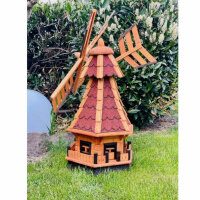 DARLUX Sechseck Garten-Windmühle XL aus Holz kugelgelagert Braun/Rot H-95 cm