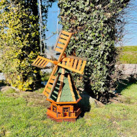 DARLUX Sechseck Garten-Windmühle XL aus Holz kugelgelagert Braun/Grün H-95 cm