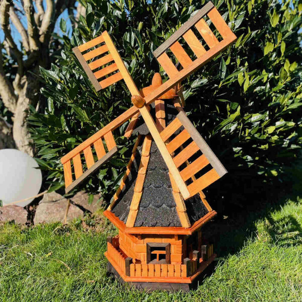 DARLUX Sechseck Garten-Windmühle XL aus Holz kugelgelagert Braun/Schwarz H-95 cm