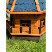 DARLUX Sechseck Garten-Windmühle XXL aus Holz kugelgelagert Braun/Blau H-120 cm