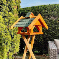 DARLUX handgefertigtes rechteckiges Vogel Futter Haus L Vogelhaus mit Ständer für den Balkon oder Garten in Braun/Grün