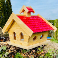 DARLUX Rechteckiges Vogel Futter Haus L Futterstelle Holz-Vogelhaus Natur/Rot
