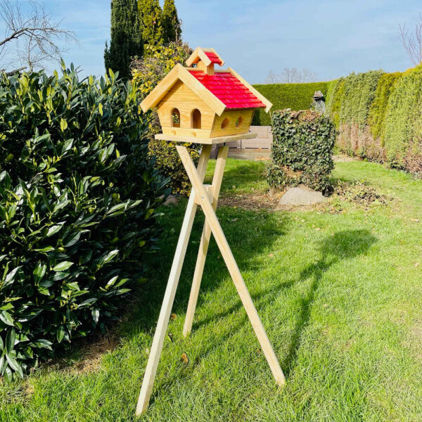 DARLUX Rechteckiges Holzvogelhaus L Vogel Futterhaus + Ständer Natur/Rot