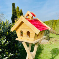 DARLUX Rechteckiges Holzvogelhaus L Vogel Futterhaus + Ständer Natur/Rot