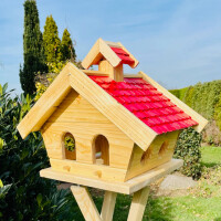 DARLUX Rechteckiges Holzvogelhaus L Vogel Futterhaus + Ständer Natur/Rot