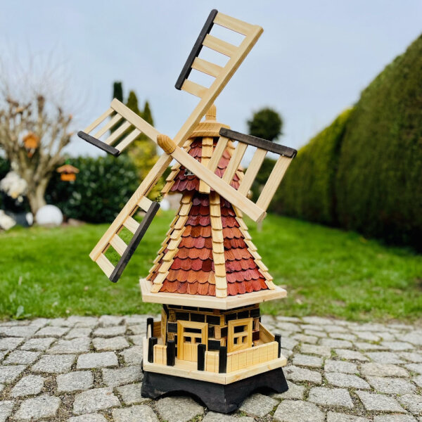DARLUX Sechseck Garten-Windmühle XL kugelgelagert Holz Natur/Rotbraun H-91 cm
