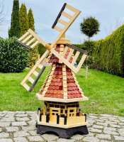 DARLUX Sechseck Garten-Windmühle XL kugelgelagert Holz Natur/Rotbraun H-91 cm