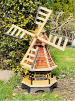 DARLUX Sechseck Garten-Windmühle XL kugelgelagert Holz Natur/Rotbraun H-91 cm