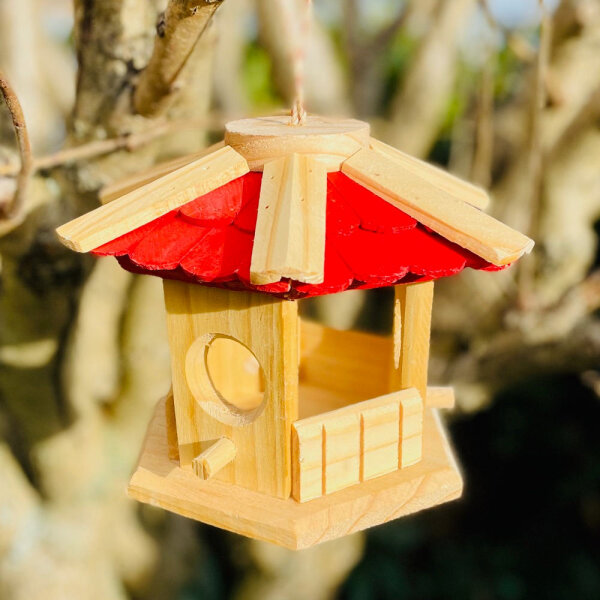 DARLUX Sechseck Holz Vogel Futter Haus S Ø 22 cm Futterstelle Hängend Natur / Rot Vogelhaus