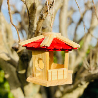 DARLUX Sechseck Holz Vogel Futter Haus S Ø 22 cm Futterstelle Hängend Natur / Rot Vogelhaus