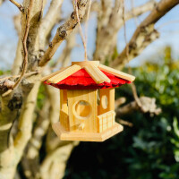 DARLUX Sechseck Holz Vogel Futter Haus S Ø 22 cm Futterstelle Hängend Natur / Rot Vogelhaus
