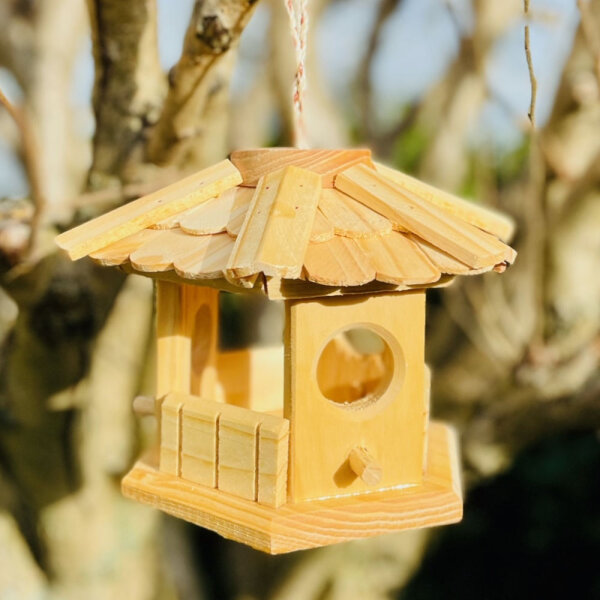 DARLUX Sechseck Holz Vogel Futter Haus S Ø 22 cm Futterstelle Hängend Naturbelassen