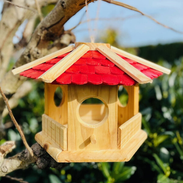 DARLUX Sechseck Holz Vogel Futter Haus XL Futterstelle Hängend Natur/Rot