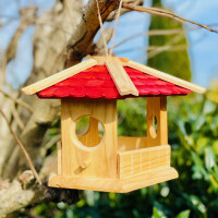 DARLUX Sechseck Holz Vogel Futter Haus XL Futterstelle Hängend Natur/Rot