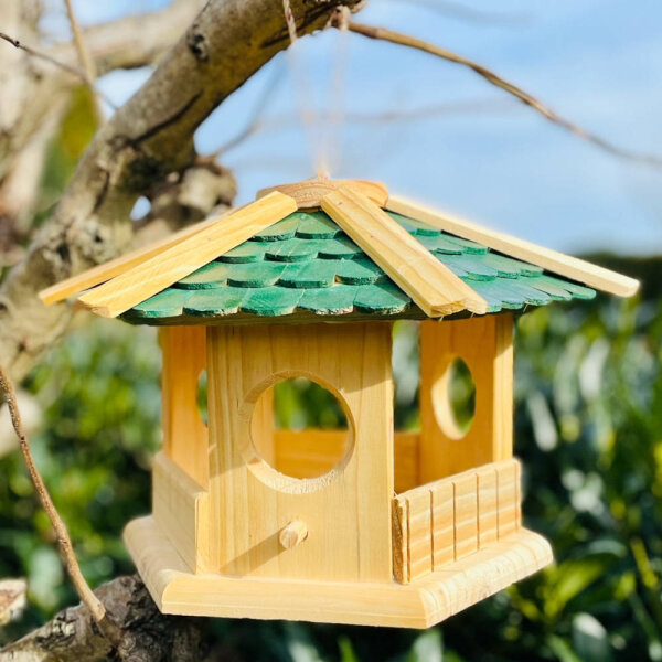DARLUX Sechseck Holz Vogel Futter Haus XL Futterstelle Hängend Natur/Grün