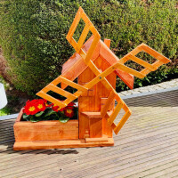 DARLUX Garten/ Balkon Deko Holz Blumenkasten M mit Deko Mühle Pflanzgefäß Braun