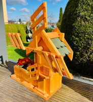 DARLUX Garten/ Balkon Deko Holz Blumenkasten M mit Deko Mühle Pflanzgefäß Braun/ Grün