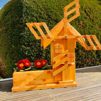 DARLUX Garten/ Balkon Deko Holz Blumenkasten M mit Deko Mühle Pflanzgefäß Braun/ Grün