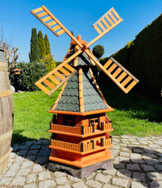 DARLUX Sechseck Doppelstock-Garten-Windmühle aus Holz Braun/Grün Höhe 140 cm