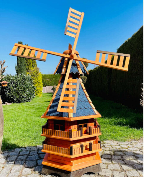 DARLUX Sechseck Doppelstock-Garten-Windmühle aus Holz Braun/Blau Höhe 140 cm