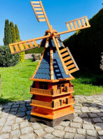 DARLUX Sechseck Doppelstock-Garten-Windmühle aus Holz Braun/Blau Höhe 140 cm