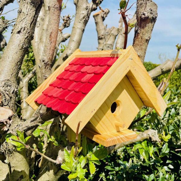 DARLUX Garten Spitzdach Nistkasten Bruthöhle für kleine Singvögel Holz Natur/ Rot Wetterfest