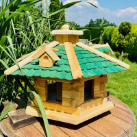 DARLUX Vogel Futter Haus L Sechseck Vogelhaus Futterspender Holz Natur/ Grün