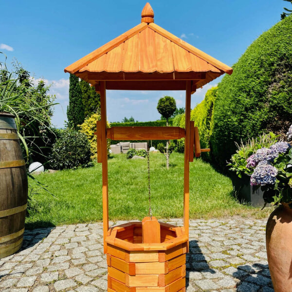 DARLUX Garten-Deko-Achteck-Brunnen Holzbrunnen Braun Wetterfest Höhe 130 cm