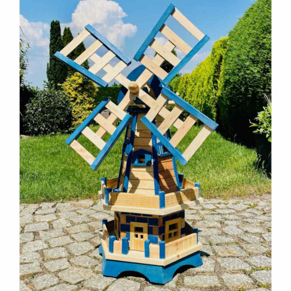 DARLUX Sechseck Doppelstock-Garten-Windmühle aus Holz Natur/ Blau Höhe 93 cm