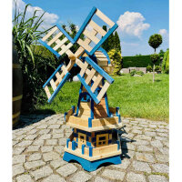DARLUX Sechseck Doppelstock-Garten-Windmühle aus Holz Natur/ Blau Höhe 93 cm