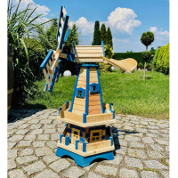 DARLUX Sechseck Doppelstock-Garten-Windmühle aus Holz Natur/ Blau Höhe 93 cm