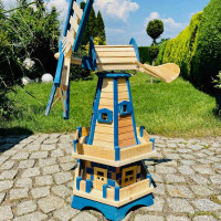 DARLUX Sechseck Doppelstock-Garten-Windmühle aus Holz Natur/ Blau Höhe 93 cm