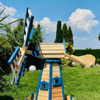 DARLUX Sechseck Doppelstock-Garten-Windmühle aus Holz Natur/ Blau Höhe 93 cm