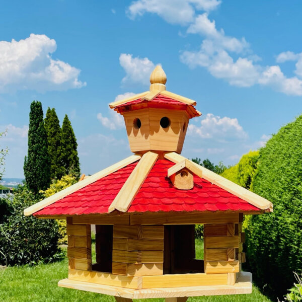 Vogel Futter Haus XXL Sechseck Futterstelle aus Holz Vogelhaus Natur/ Rot