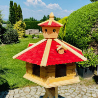 Vogel Futter Haus XXL Sechseck Futterstelle aus Holz Vogelhaus Natur/ Rot