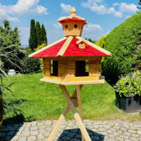Vogel Futter Haus XXL Sechseck Futterstelle Holz Vogelhaus+ Ständer Natur/ Rot
