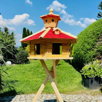 Vogel Futter Haus XXL Sechseck Futterstelle Holz Vogelhaus+ Ständer Natur/ Rot