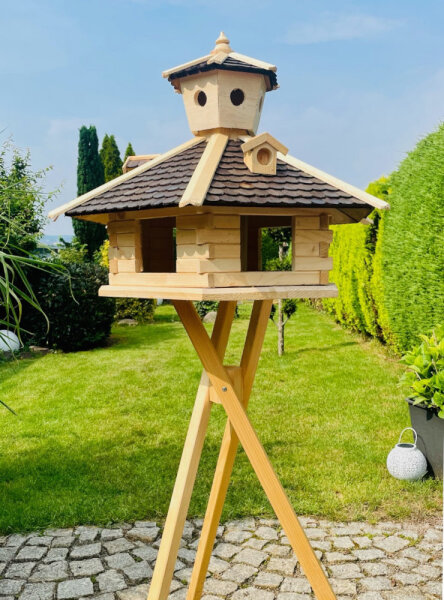 Vogel Futter Haus XXL Sechseck Futterstelle Vogelhaus+ Ständer Natur/Dunkelbraun