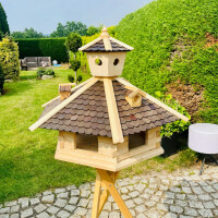 Vogel Futter Haus XXL Sechseck Futterstelle Vogelhaus+ Ständer Natur/Dunkelbraun