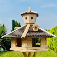 Vogel Futter Haus XXL Sechseck Futterstelle Vogelhaus+ Ständer Natur/Dunkelbraun