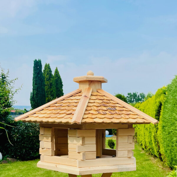 DARLUX Vogel Futter Haus XL Sechseck Holz Vogelhaus Futterspender Natur/ Natur Vogelfutterhaus Wetterfest