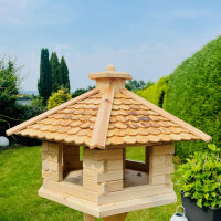 DARLUX Vogel Futter Haus XL Sechseck Holz Vogelhaus Futterspender Natur/ Natur Vogelfutterhaus Wetterfest