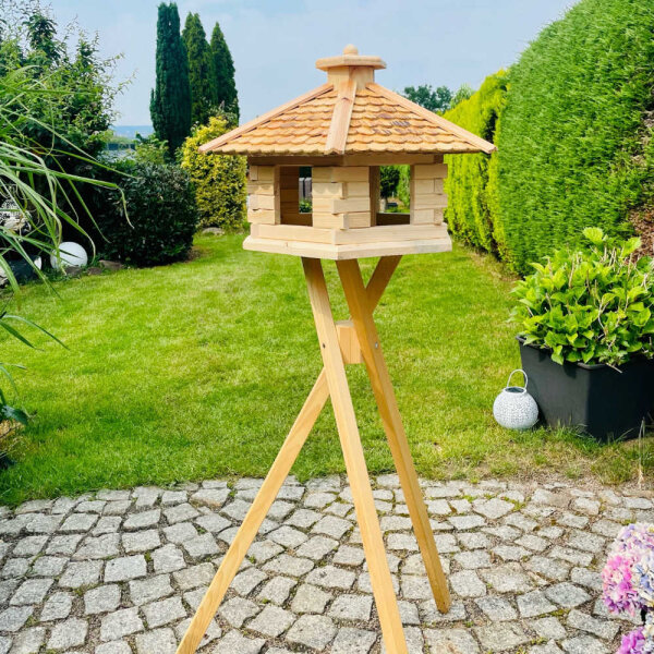 DARLUX Vogel Futter Haus XL Sechseck Vogelhaus Futtershaus+ Ständer Natur/ Natur Garten Vogelfutterhaus Wetterfest