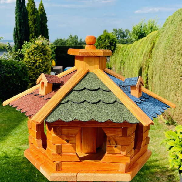 DARLUX Vogel Futter XL Futterstelle Sechseck Holz Vogelhaus Braun/ Rot Grün Blau Vogelfutterhaus Wetterfest